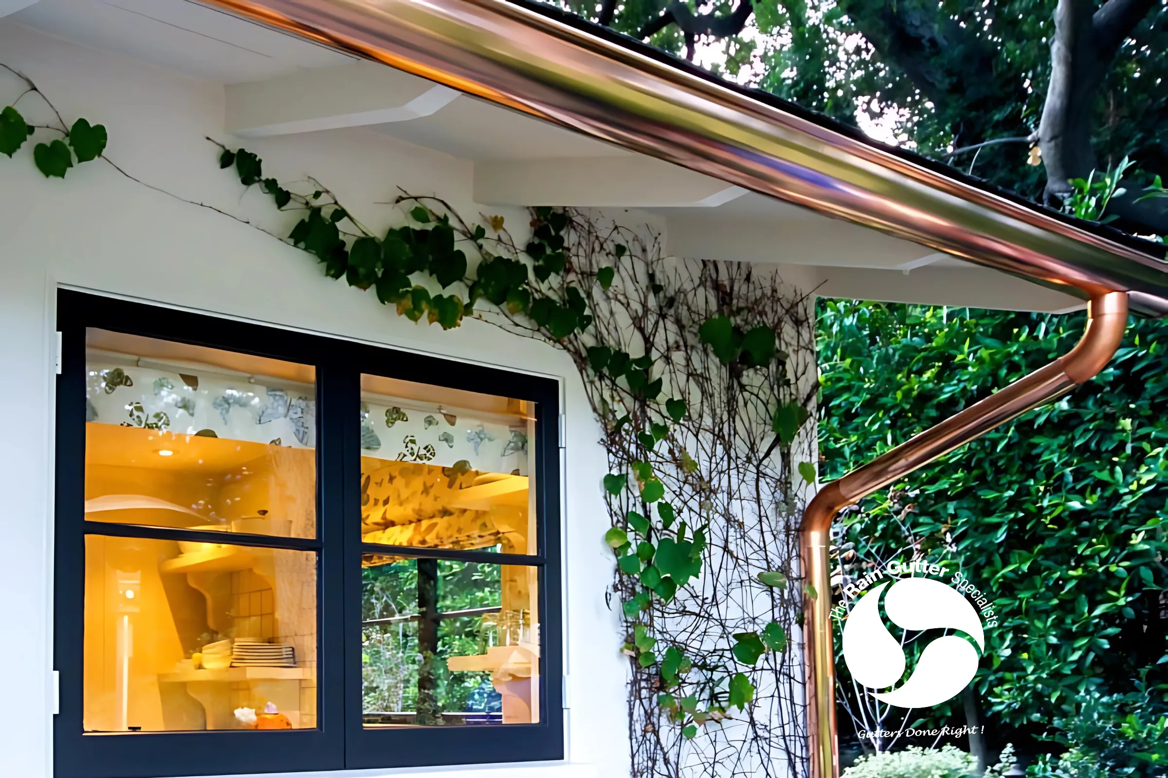 Half-round polished copper rain gutters and curved downspouts installed on a vine-covered home in Los Angeles