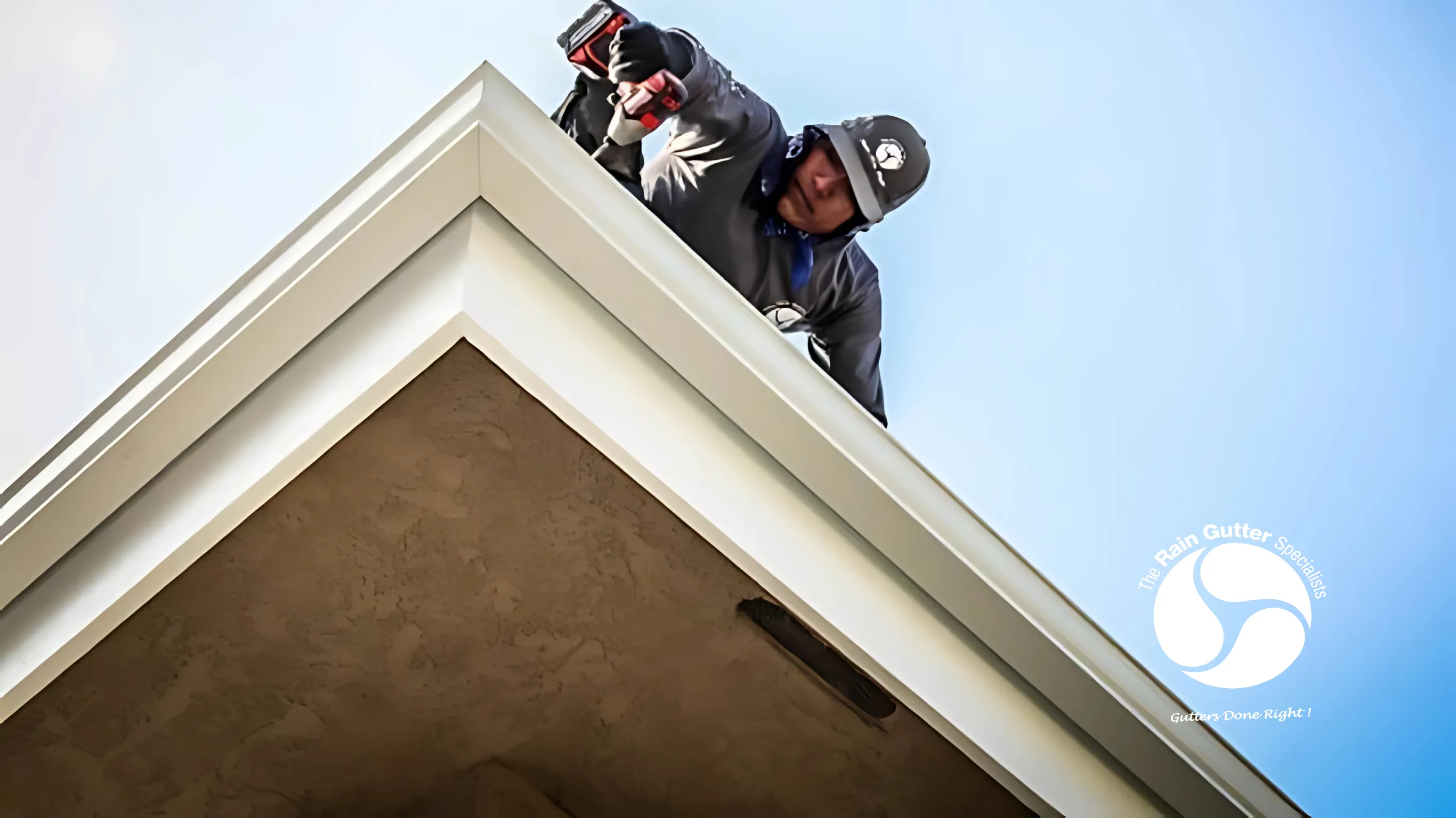 Technician installing seamless gutters with precision tool.