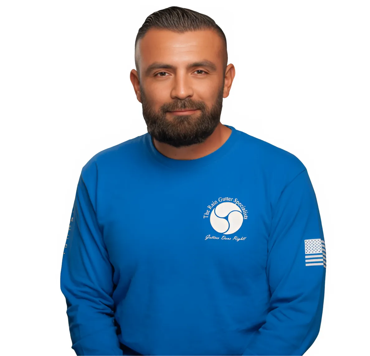 Johnny Toloza, Vice Manager of The Rain Gutter Specialists, smiling in blue team uniform