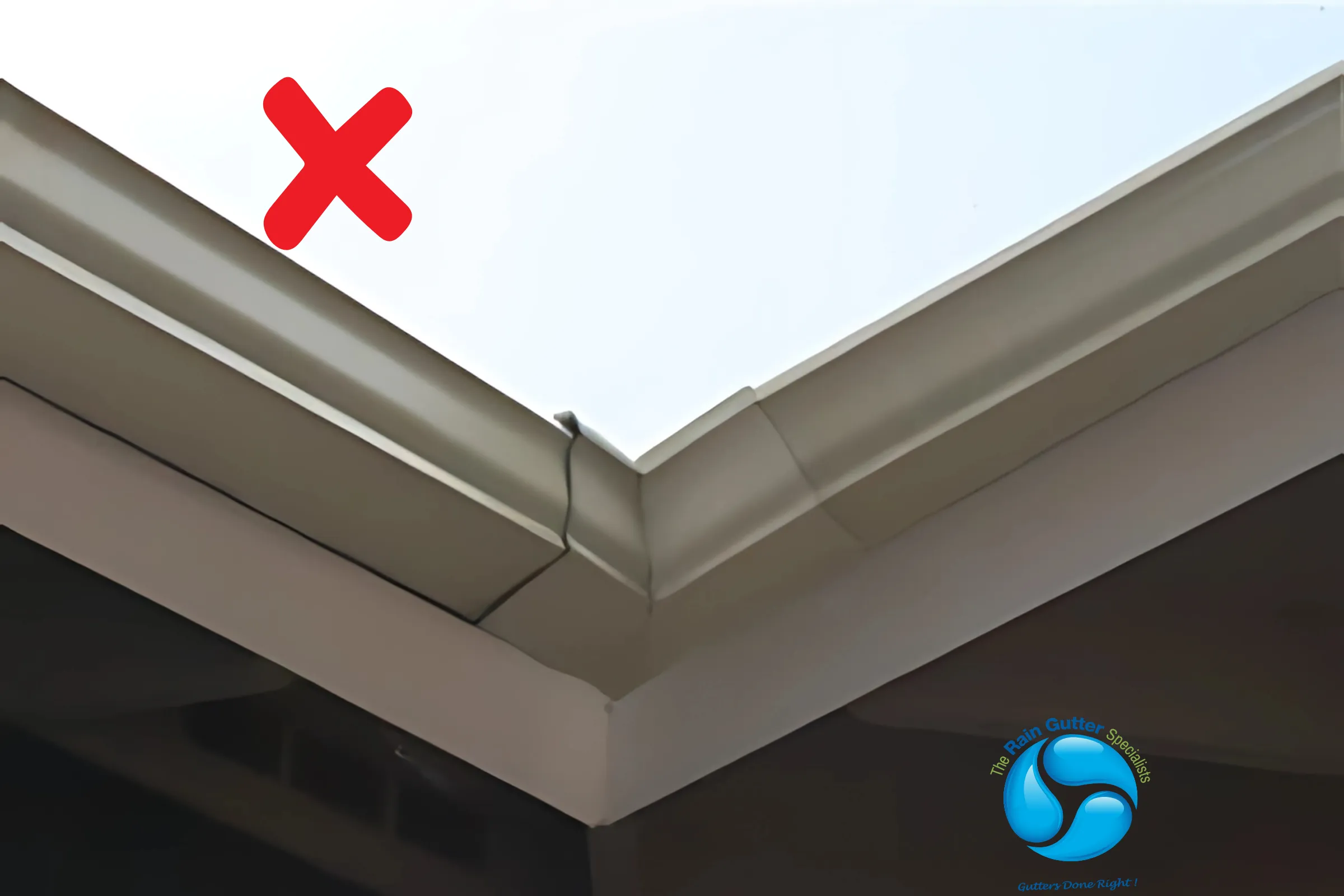Typical standard gutter corner with visible seam and potential leak points
