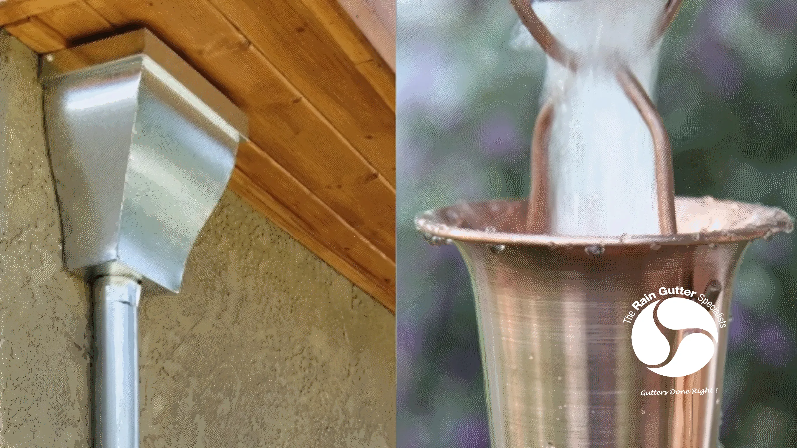 Copper rain gutters, rain chains, and rain barrels displayed together