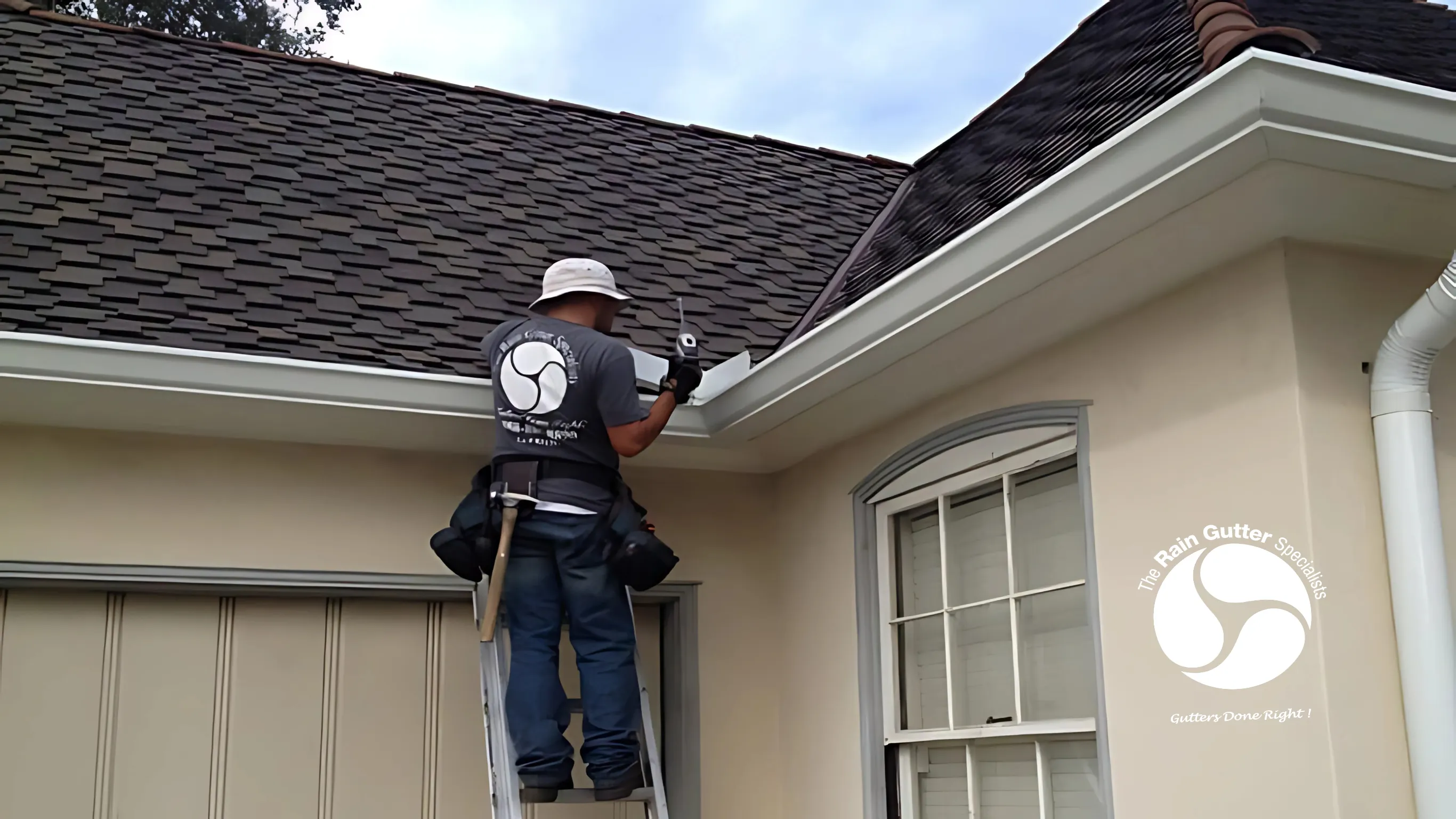 Rain gutter crew installing seamless gutters with a mobile cutter machine