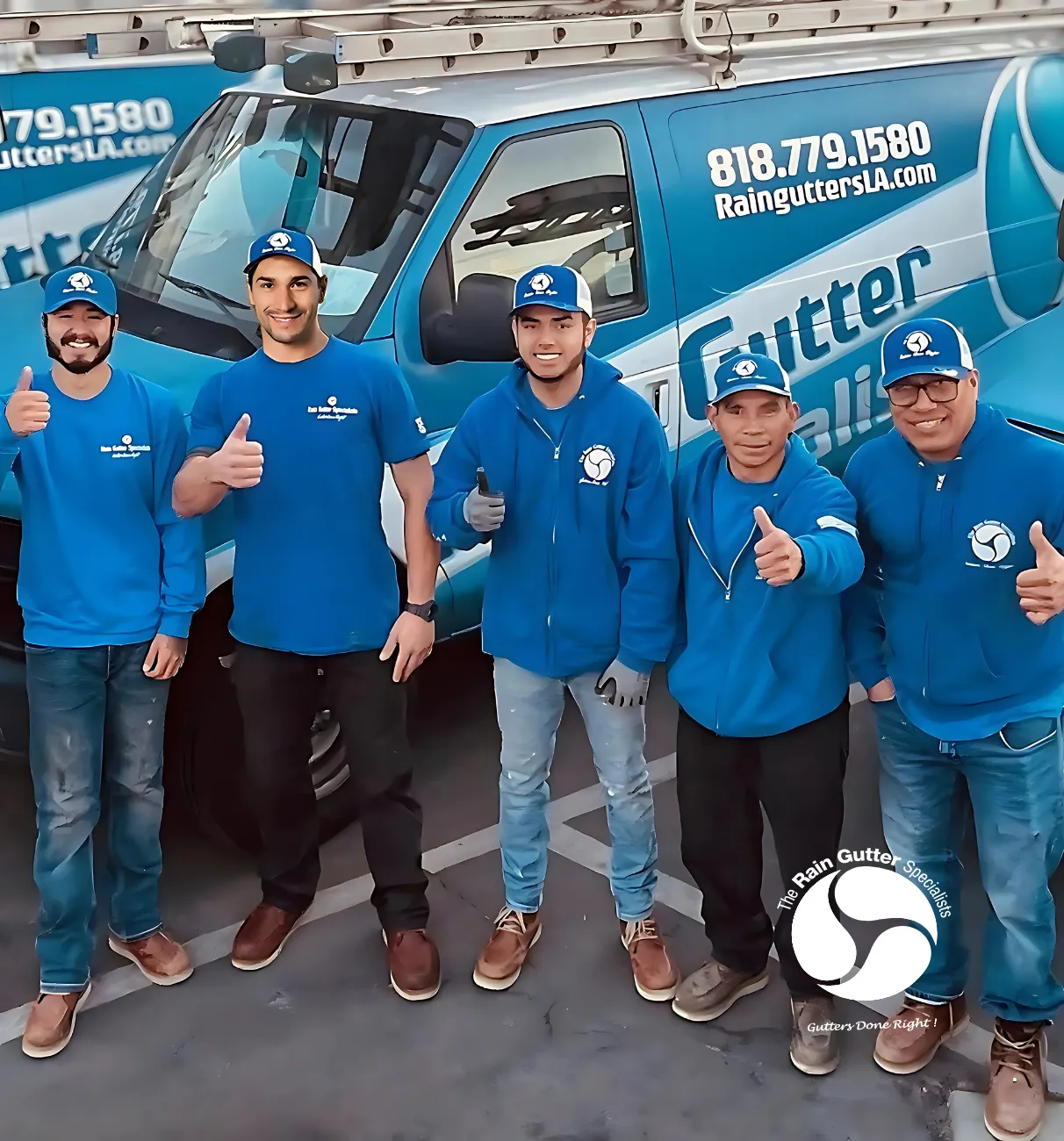 The Rain Gutter Specialists crew in front of branded service trucks in Los Angeles