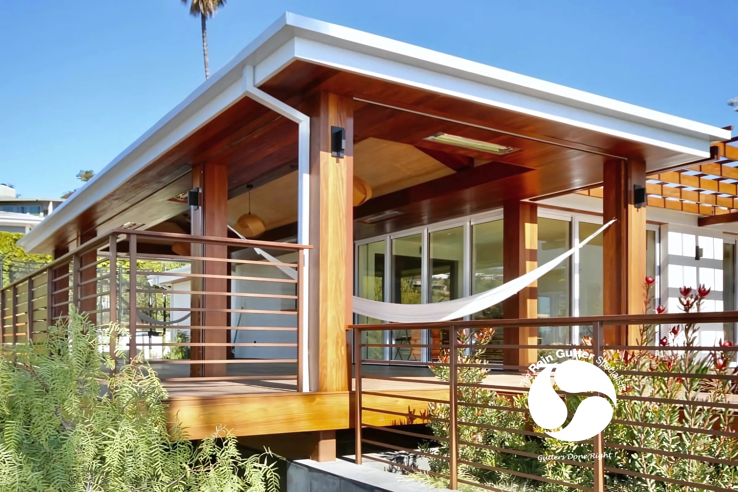 Wood and glass home with modern gutter system